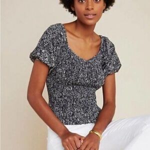 Anthropologie NWTs Aurelia Smocked Ruched Black Floral Puff Sleeve Top Medium